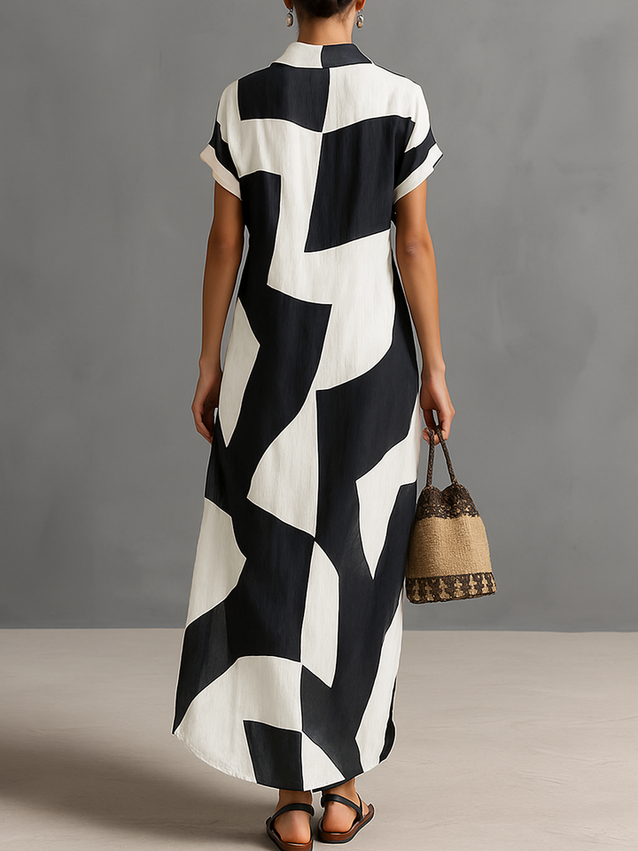 Cotton-Linen Blend Geometric Print Maxi Shirt Dress – Short Sleeve, Lapel Collar, Single-Breasted