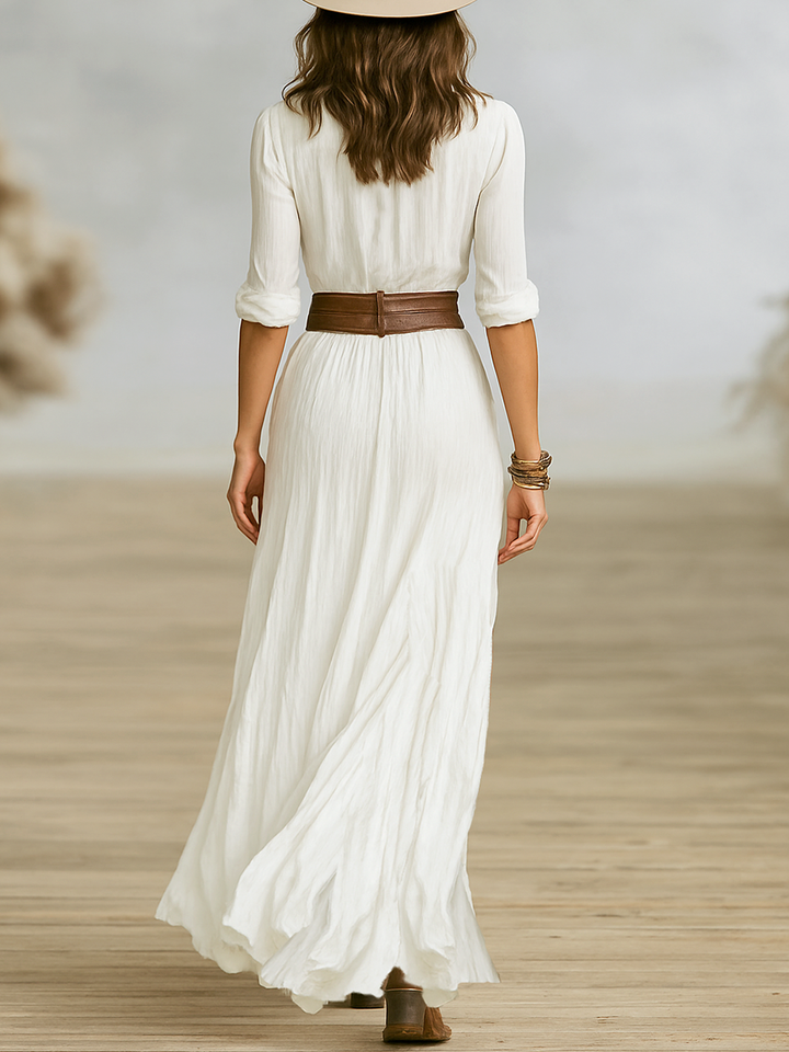 Cotton-Linen Blend Pleated Lapel Single-Breasted Long-Sleeve Maxi Dress