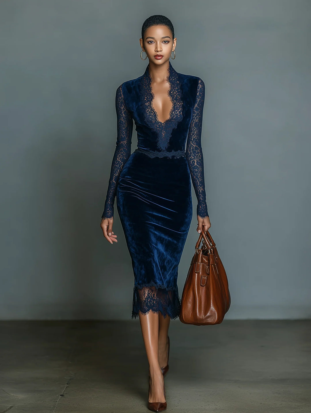 Robe midi moulante en velours bleu foncé, col en V, élégante et à la mode, ornée de dentelle au niveau de l'encolleté et des manches MDA2937K1AN