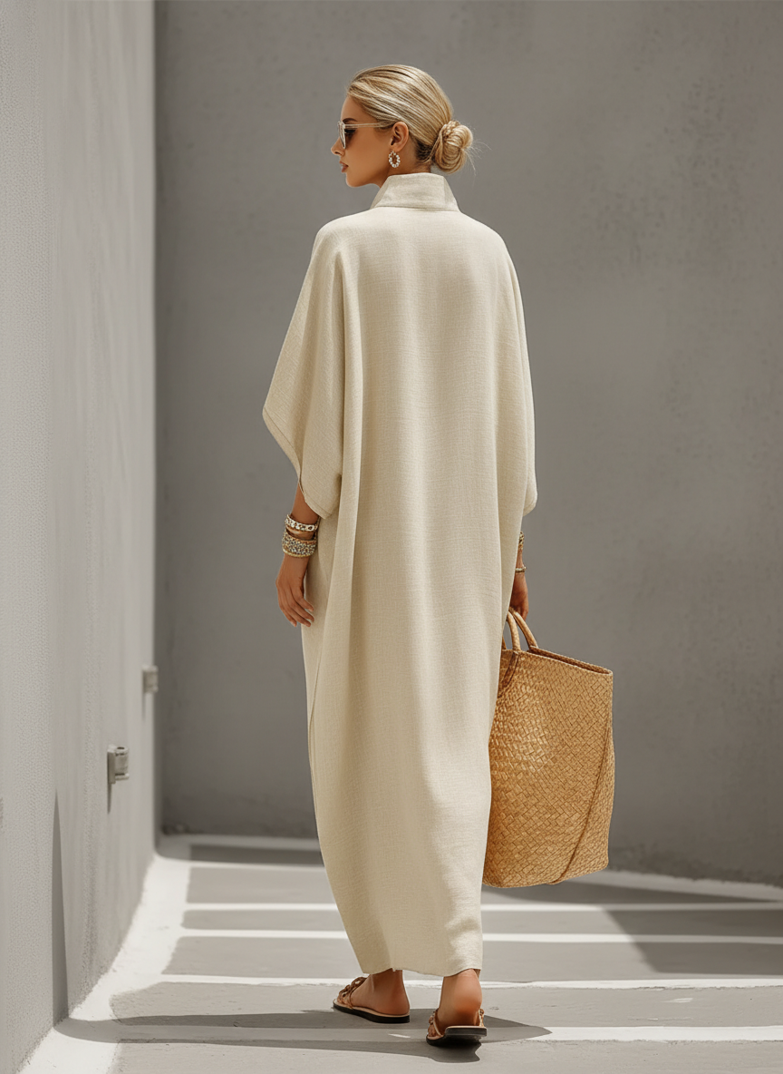 Robe en lin couleur avoine avec col mandarin et manches chauve-souris