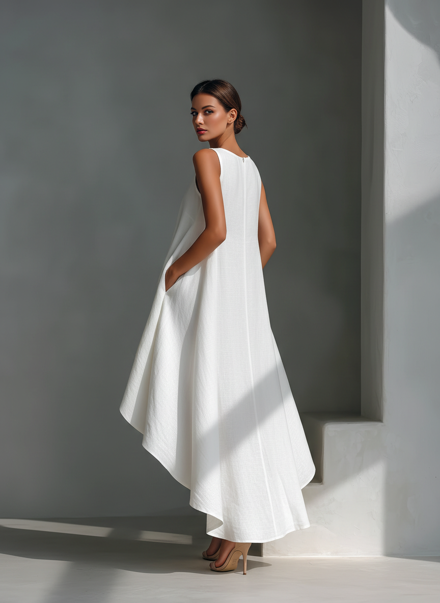 White Linen Sleeveless Midi Dress with Round Neck & Asymmetric Hem
