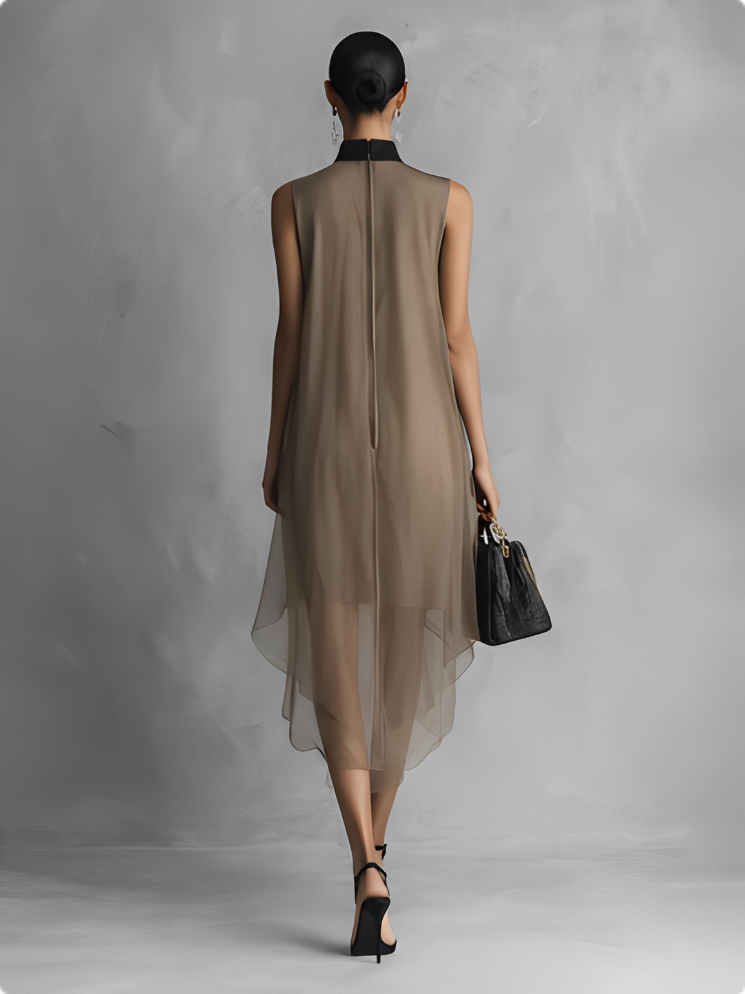 Robe sans manches en mousseline bicolore kaki et marron de luxe léger pour femme MDZ1535A7BA