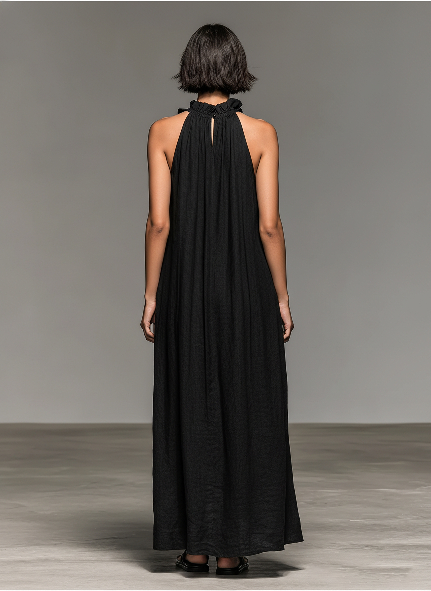 Robe longue sans manches en lin mélangé avec détails volantés