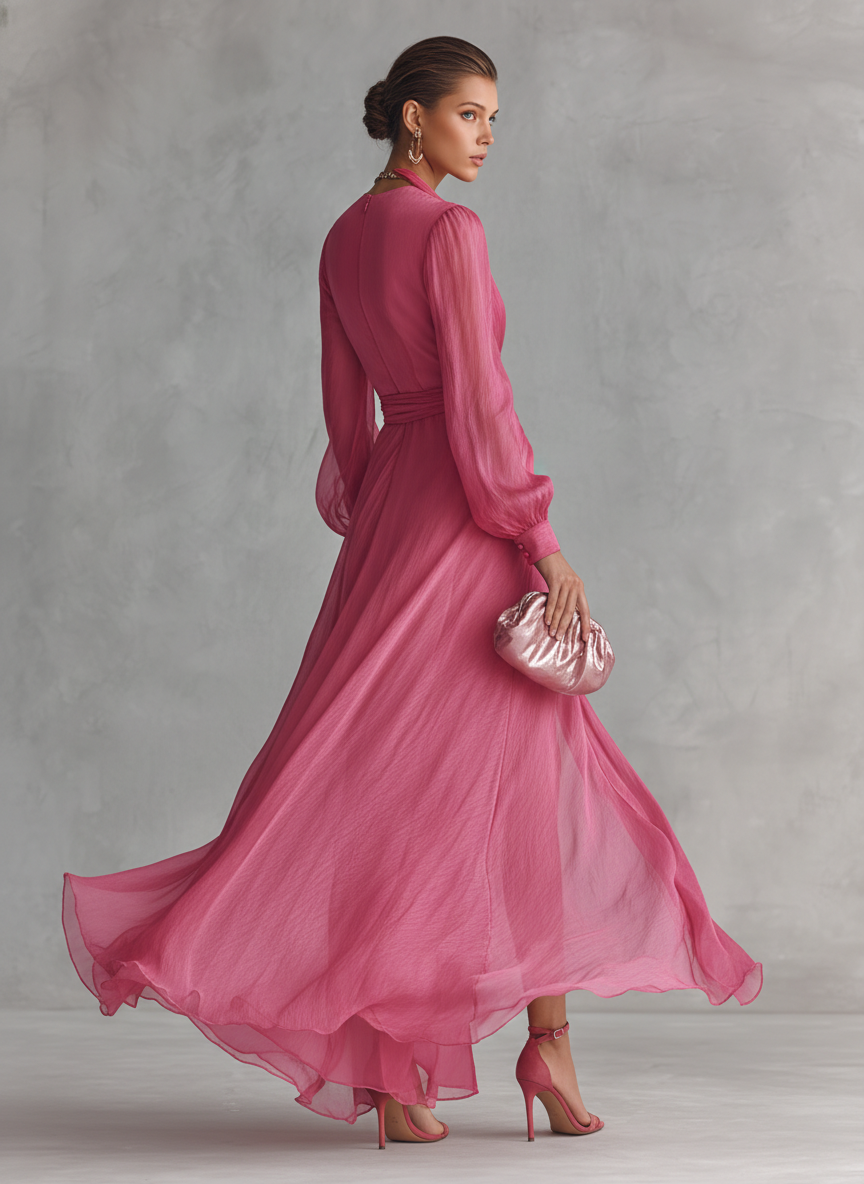 Rose Pink Chiffon V-Neck Tie-Waist Long Dress