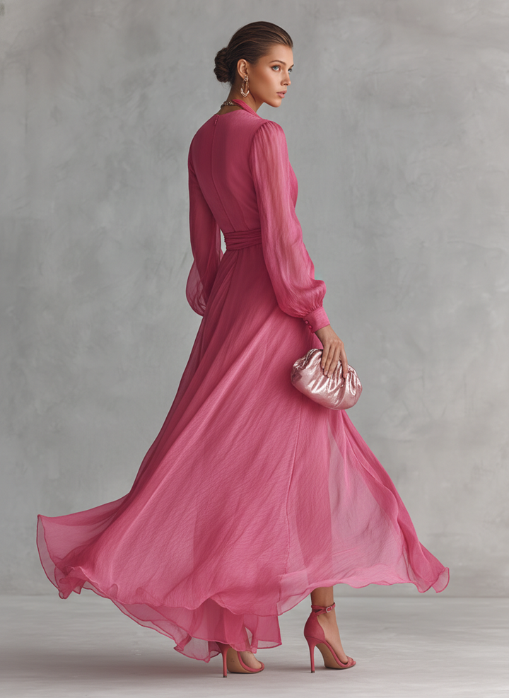 Rose Pink Chiffon V-Neck Tie-Waist Long Dress