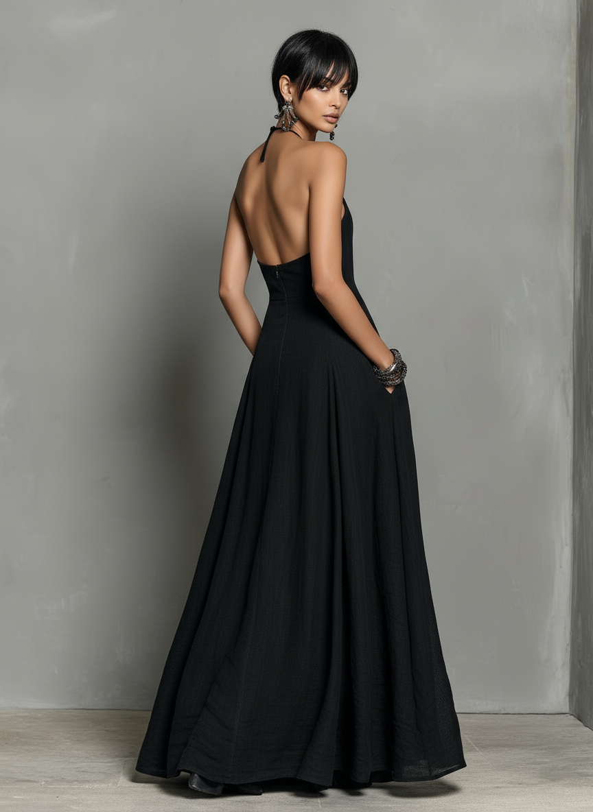 Robe longue sans manches dos nu en mélange de lin