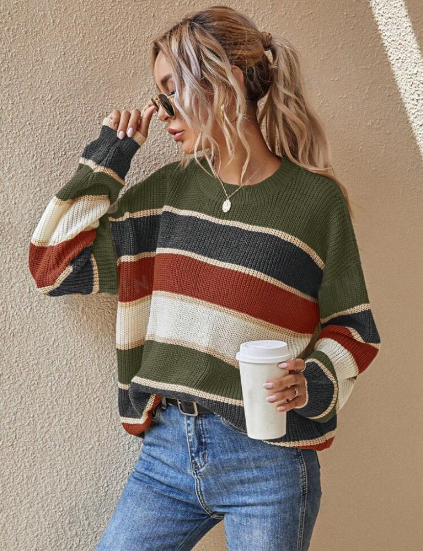 QUENBY™ - Pull décontracté à rayures, manches longues et col rond