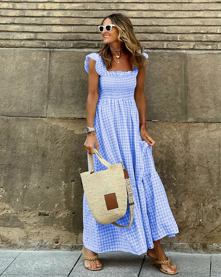 NANCY™ - Robe chic rétro à carreaux et smocks