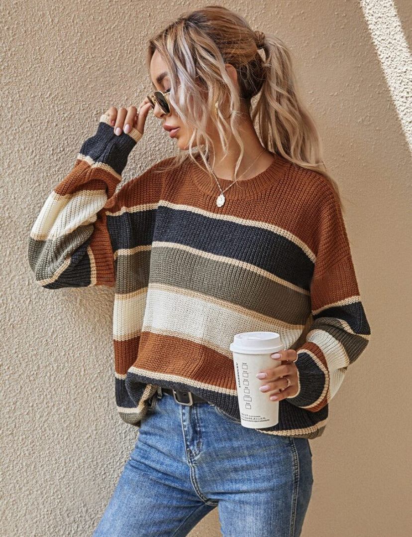 QUENBY™ - Pull décontracté à rayures, manches longues et col rond