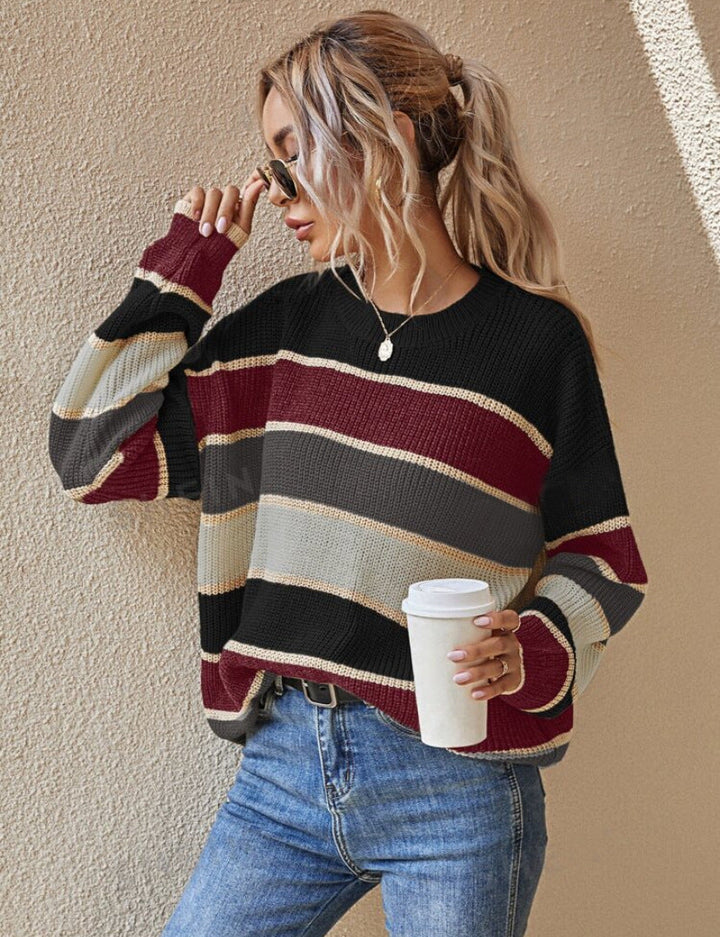 QUENBY™ - Pull décontracté à rayures, manches longues et col rond
