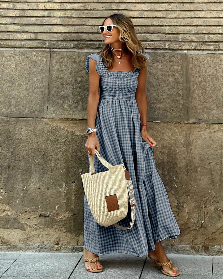 NANCY™ - Robe chic rétro à carreaux et smocks