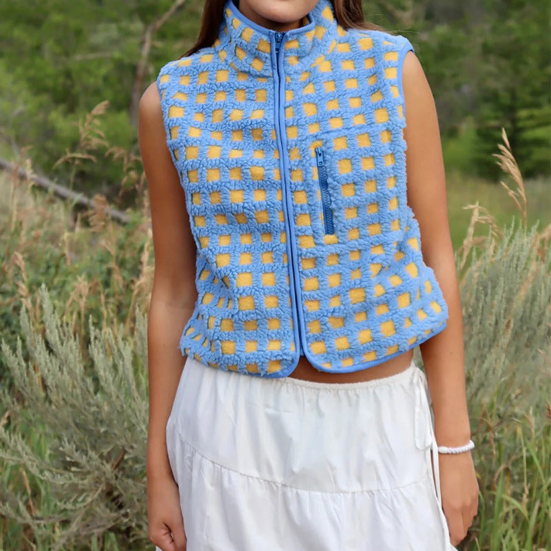 CONCUELO™ – Gilet sans manches zippé à carreaux décontracté