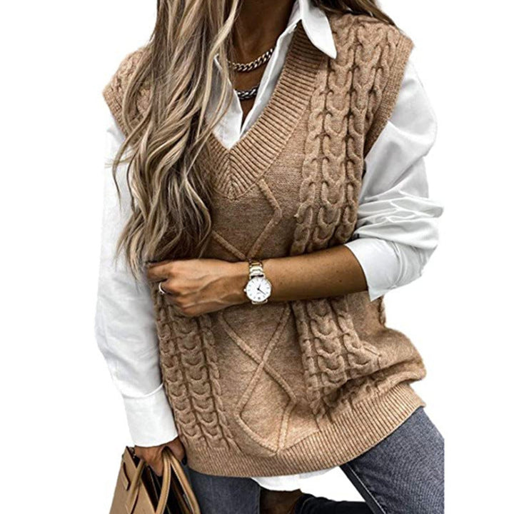HANNAH™ - Gilet en maille texturée à col en V, style preppy, idéal pour la superposition automne-hiver