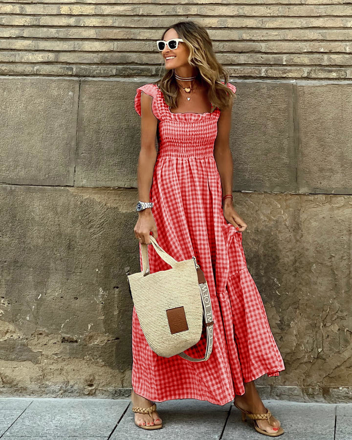 NANCY™ - Robe chic rétro à carreaux et smocks