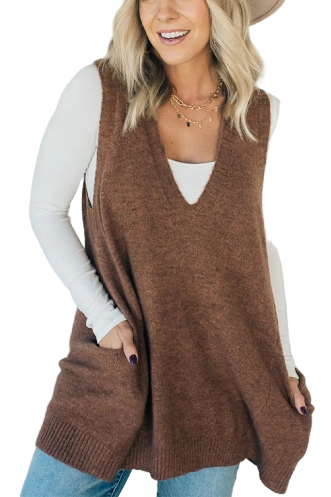 AMBER™ - Gilet tunique sans manches décontracté à col en V et poches latérales