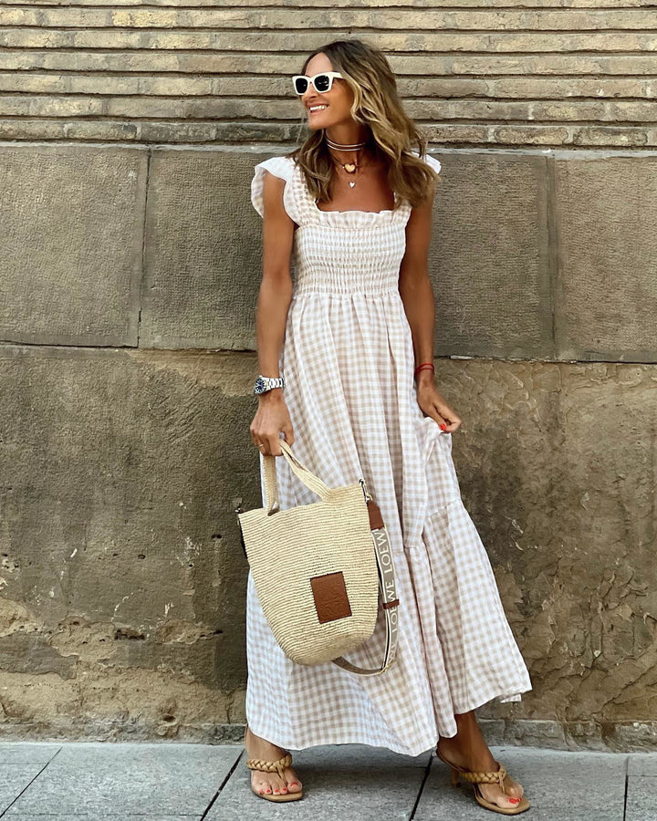 NANCY™ - Robe chic rétro à carreaux et smocks