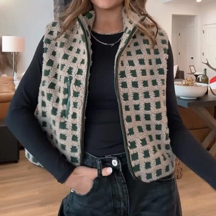 CONCUELO™ – Gilet sans manches zippé à carreaux décontracté