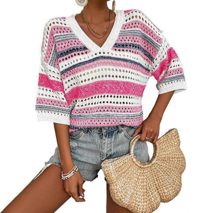 KELISE™ – Top d'été décontracté à rayures et col en V en crochet