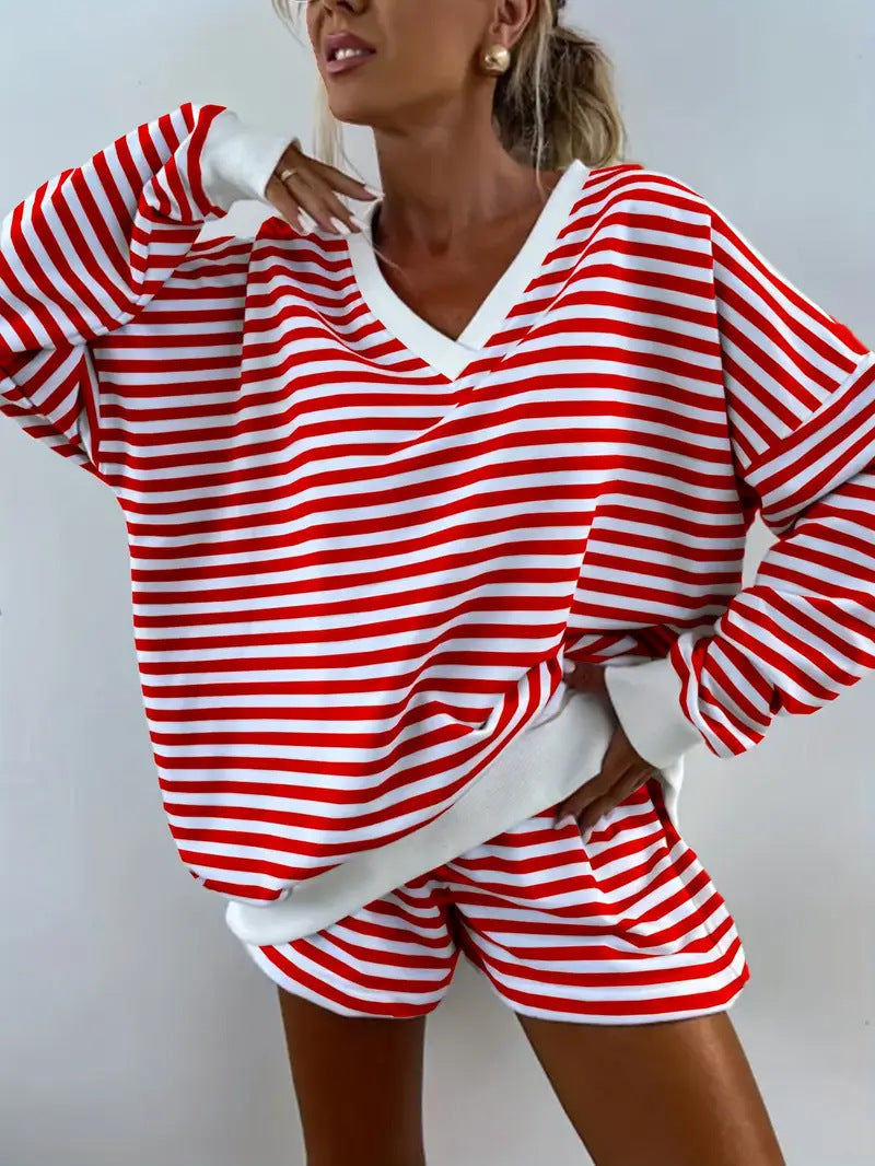 NOLANI™ – Ensemble lounge rayé à col en V et coupe décontractée