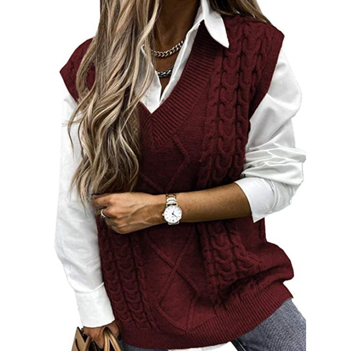 HANNAH™ - Gilet en maille texturée à col en V, style preppy, idéal pour la superposition automne-hiver