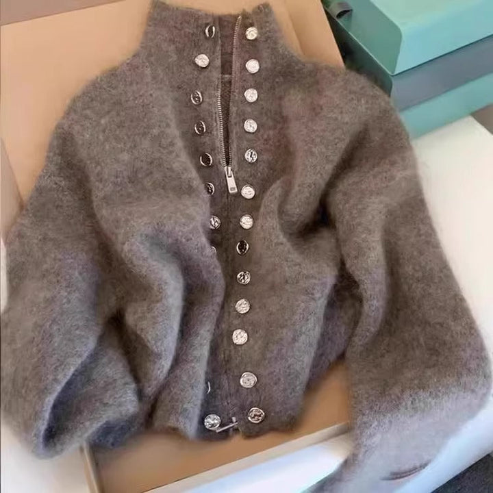 MILANA™ - Gilet cardigan élégant en maille à col montant avec détails de faux boutons