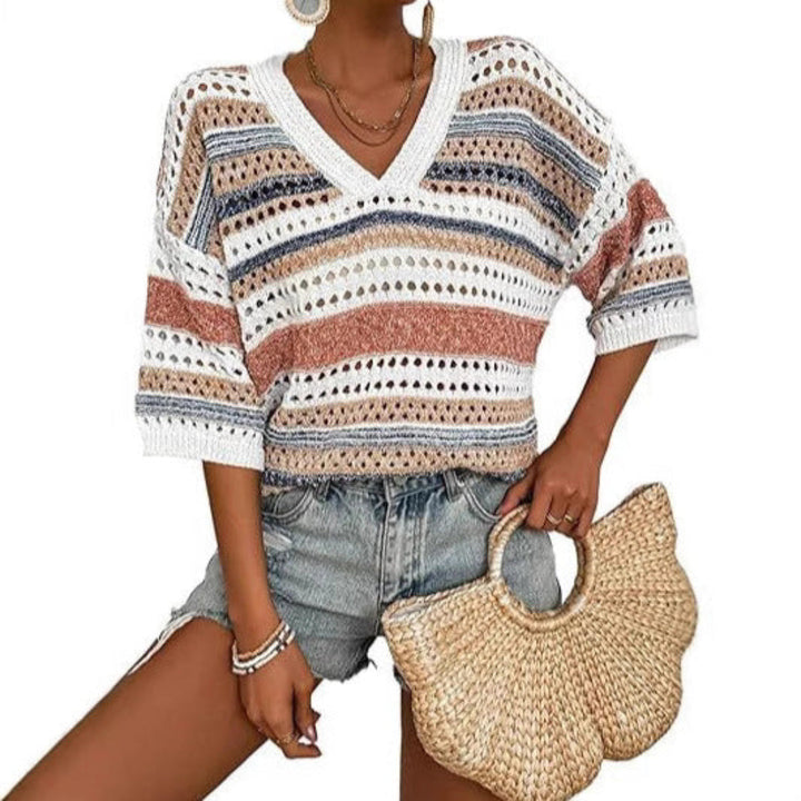 KELISE™ – Top d'été décontracté à rayures et col en V en crochet