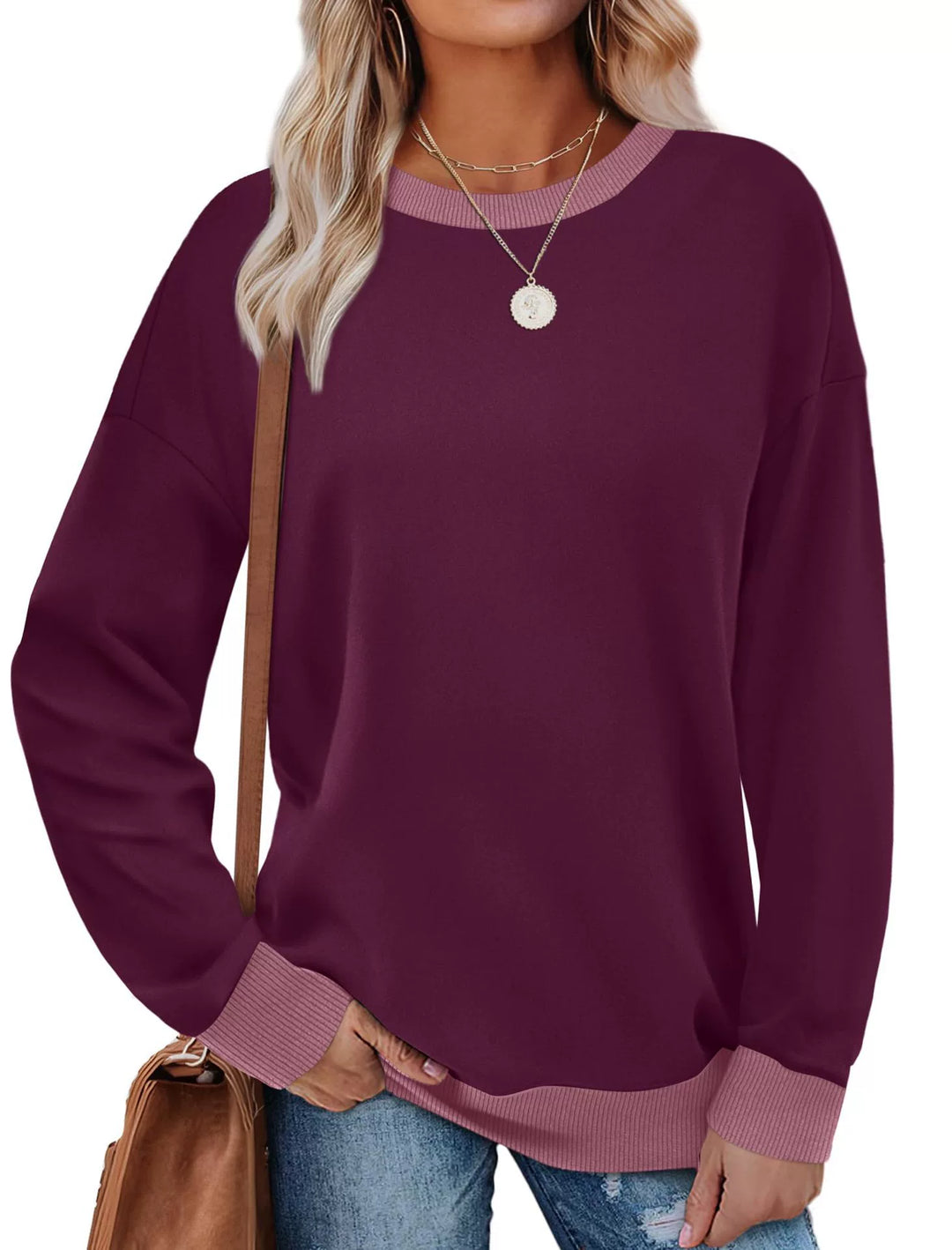 MARGARET™ - Sweat-shirt tunique à manches longues et col rond avec bordure contrastée
