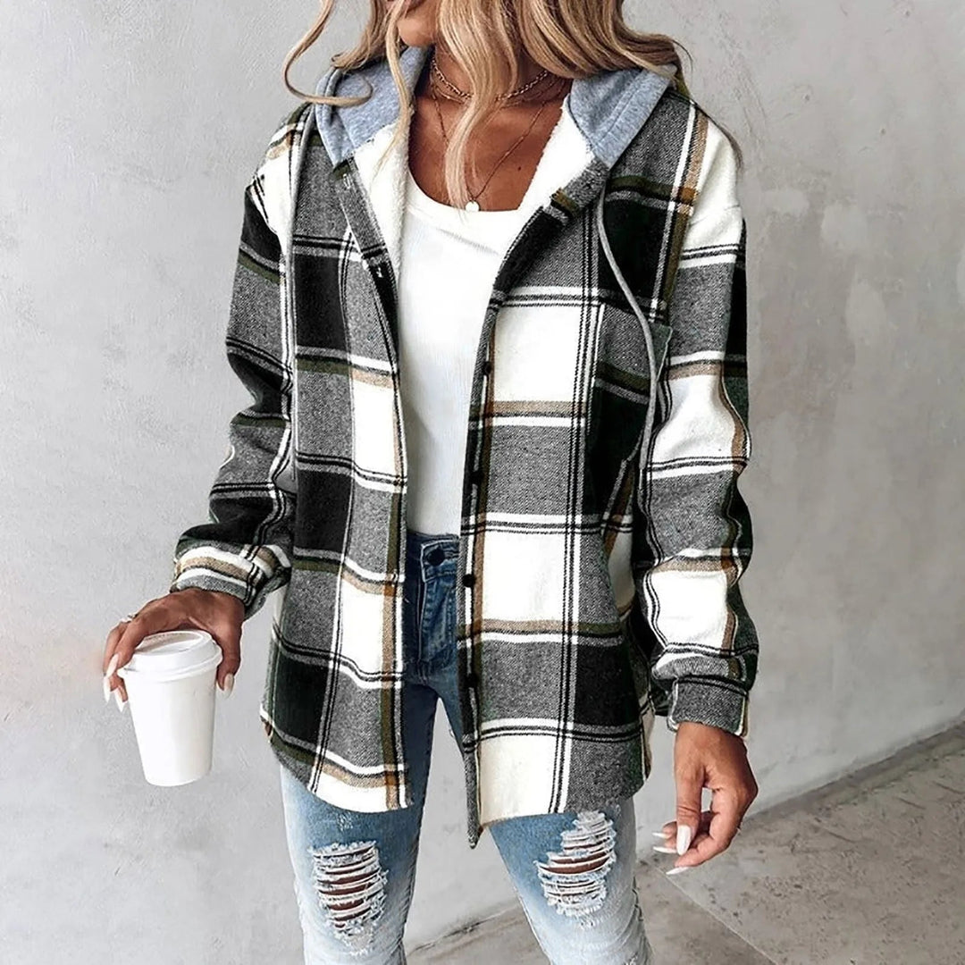 PAIGE™ - Veste à capuche boutonnée à carreaux chic, manches longues