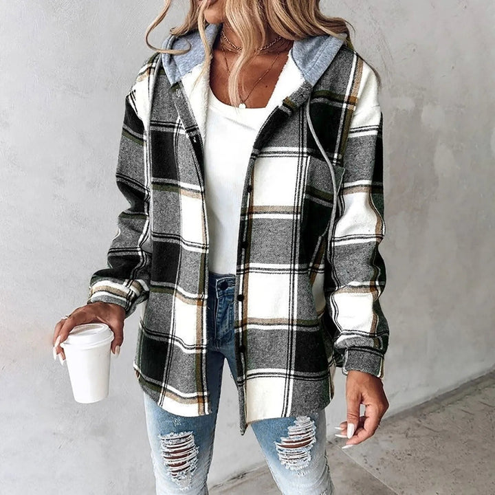 PAIGE™ - Veste à capuche boutonnée à carreaux chic, manches longues