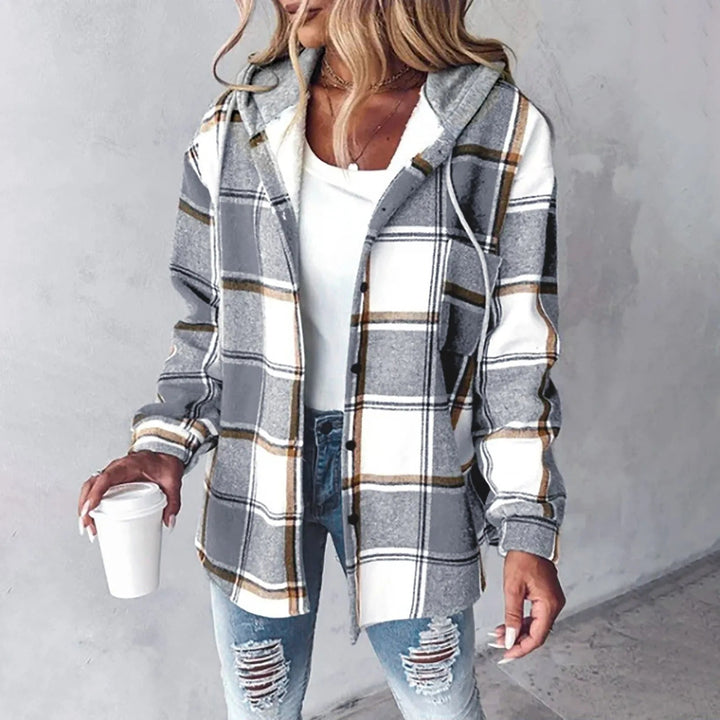 PAIGE™ - Veste à capuche boutonnée à carreaux chic, manches longues