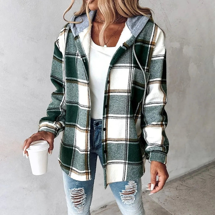 PAIGE™ - Veste à capuche boutonnée à carreaux chic, manches longues