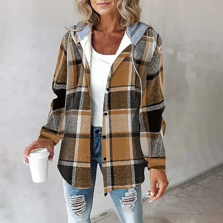 PAIGE™ - Veste à capuche boutonnée à carreaux chic, manches longues