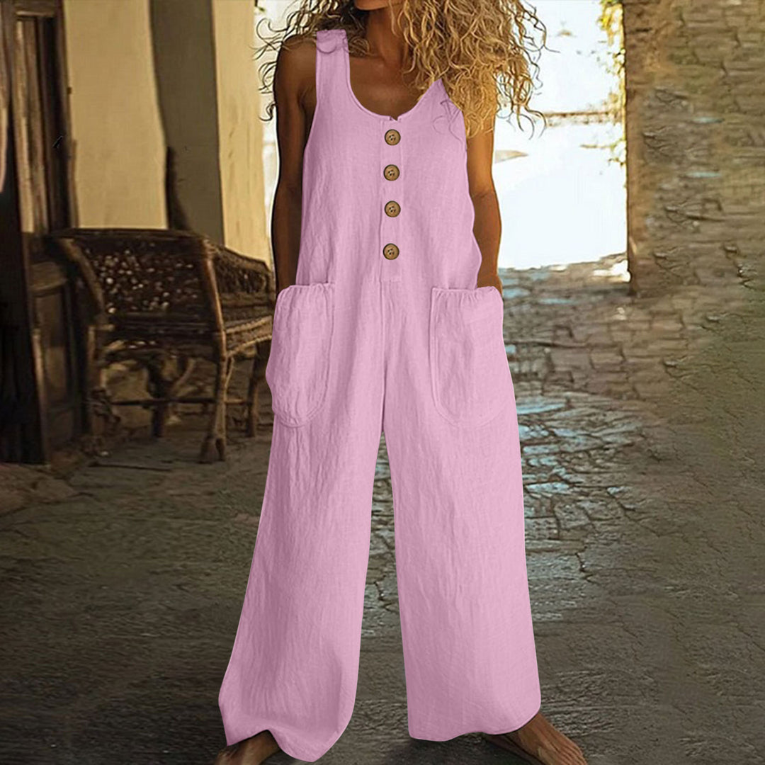 Loose Fit Button Front Wide-Leg Jumpsuit with Pockets