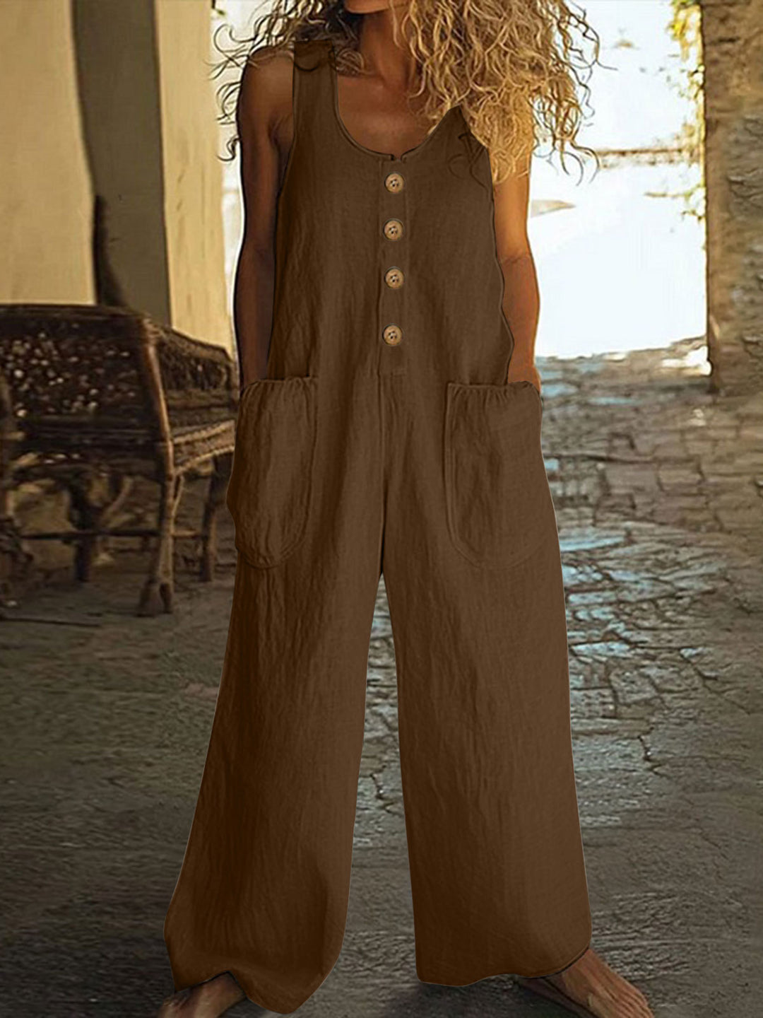 Loose Fit Button Front Wide-Leg Jumpsuit with Pockets