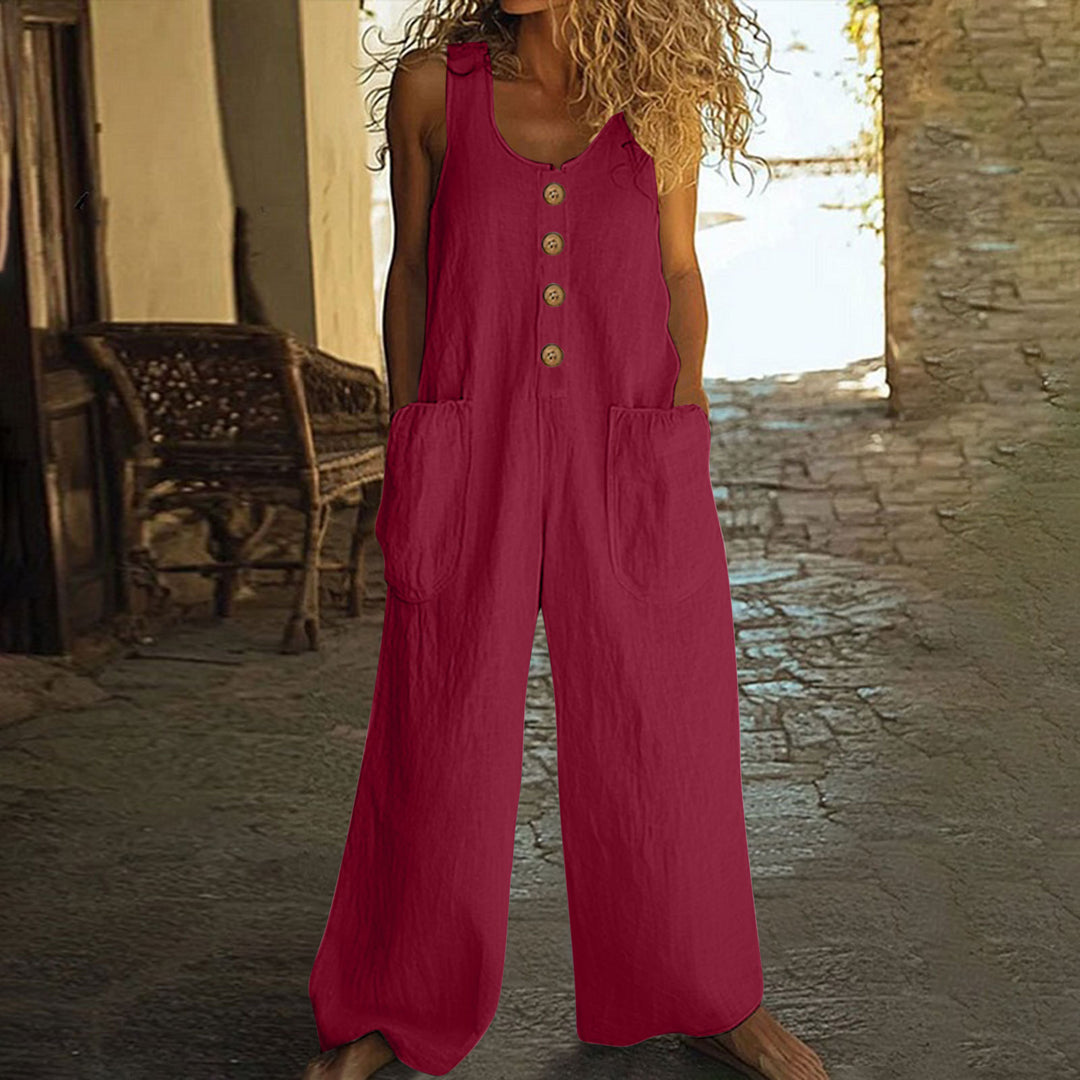 Loose Fit Button Front Wide-Leg Jumpsuit with Pockets