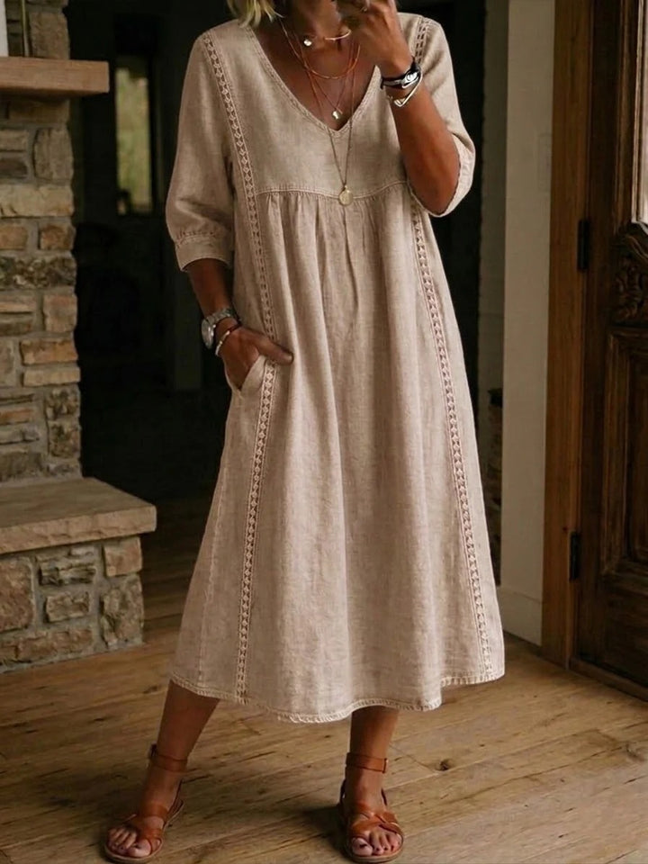 Women’s Vintage Denim Look Dress with Lace Trim