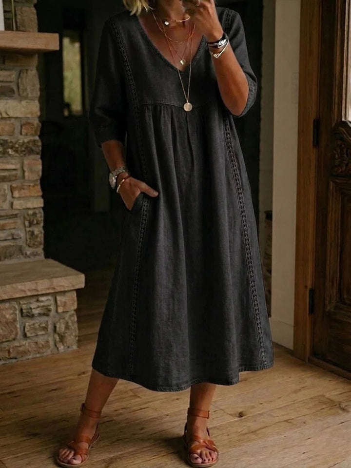Women’s Vintage Denim Look Dress with Lace Trim