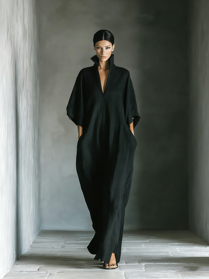 Black Cotton-Blend Oversized Kimono-Sleeve Maxi Dress with Pockets
