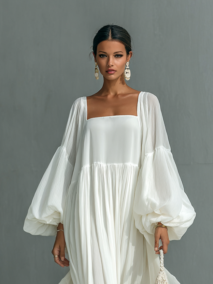 Women's Loose Lapel Lantern Sleeve Pleated Maxi Dress MDA1789G5Y