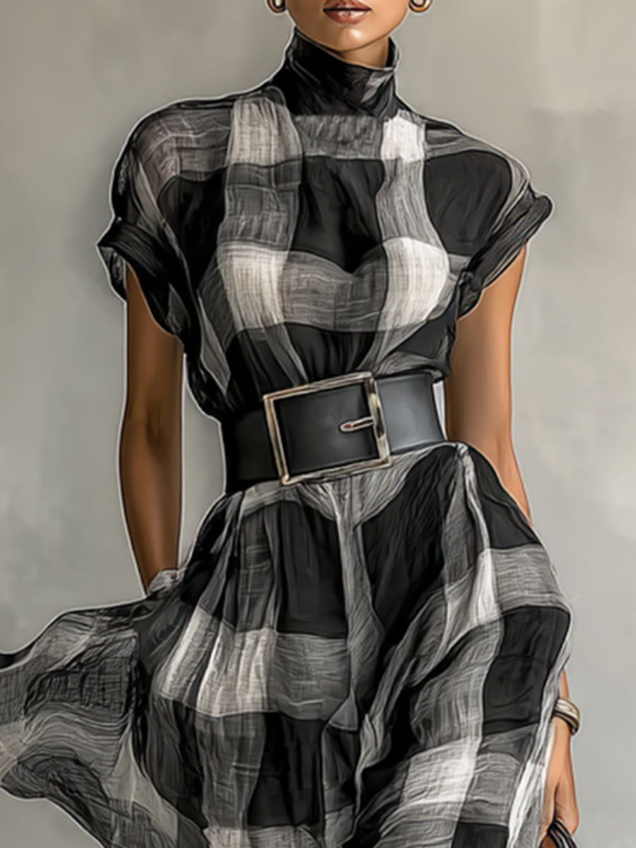 Plaid Cotton-Blend High-Collar Short-Sleeve Belted Maxi Dress