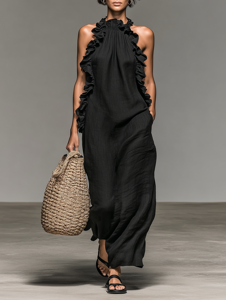 Robe longue sans manches en lin mélangé avec détails volantés
