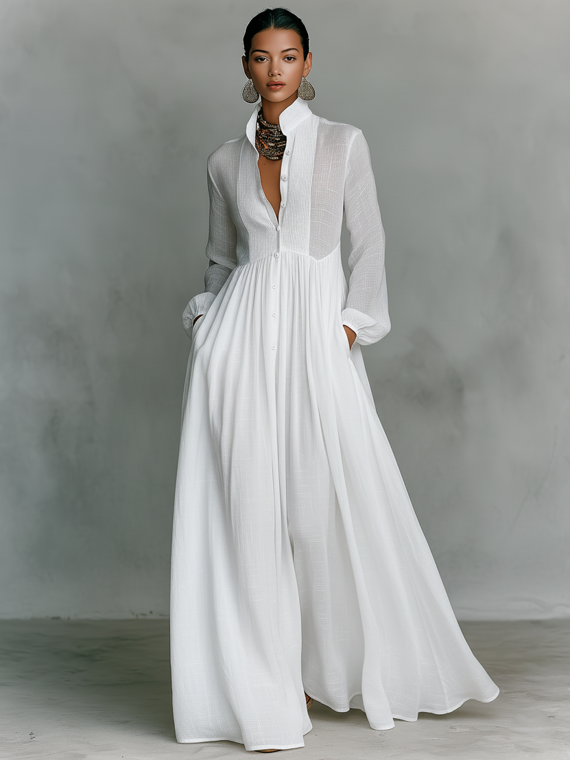 Robe longue en patchwork coton-lin, col montant et manches longues à boutonnage simple
