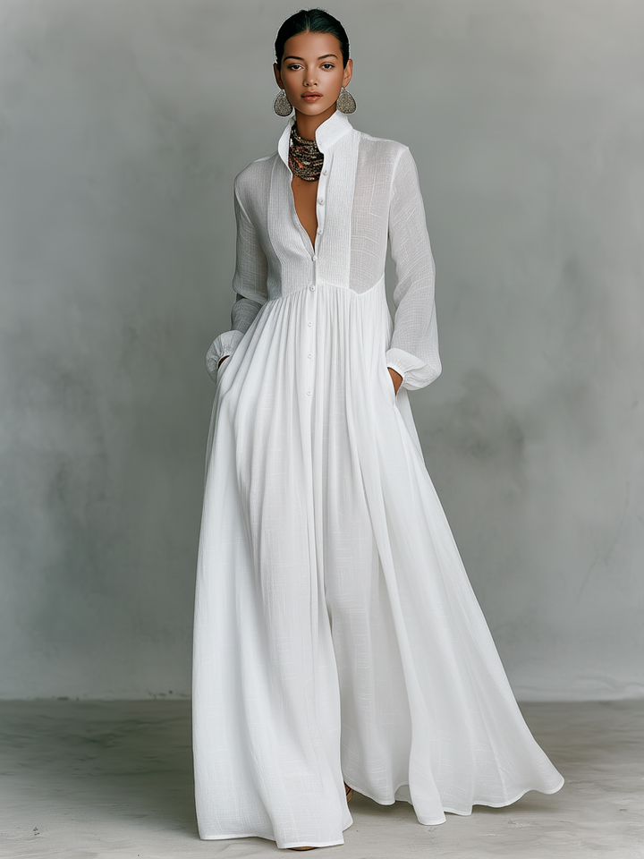 Robe longue en patchwork coton-lin, col montant et manches longues à boutonnage simple
