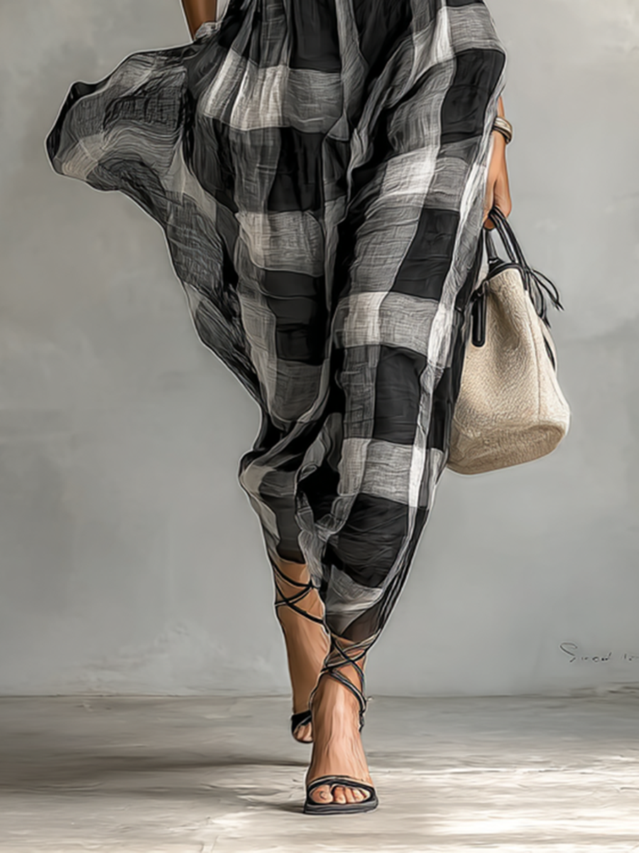 Plaid Cotton-Blend High-Collar Short-Sleeve Belted Maxi Dress