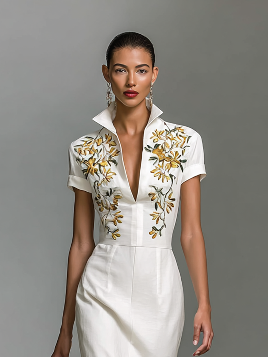 Robe mi-longue à col en V, brodée, à manches courtes et taille ajustée pour femme MDA0535G0Y