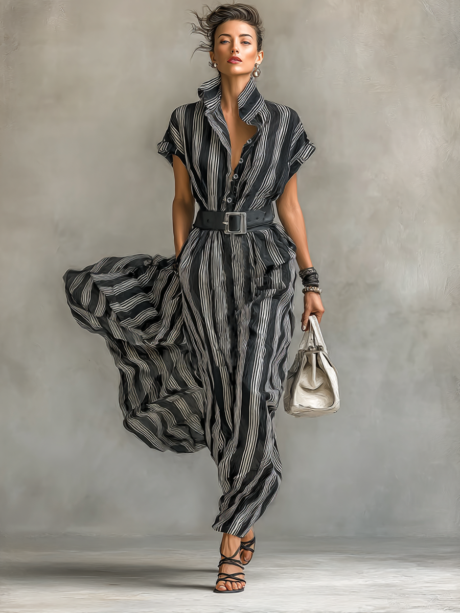 Chiffon Striped Printed Lapel Short-Sleeve Belted Maxi Dress
