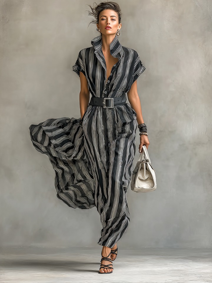Chiffon Striped Printed Lapel Short-Sleeve Belted Maxi Dress