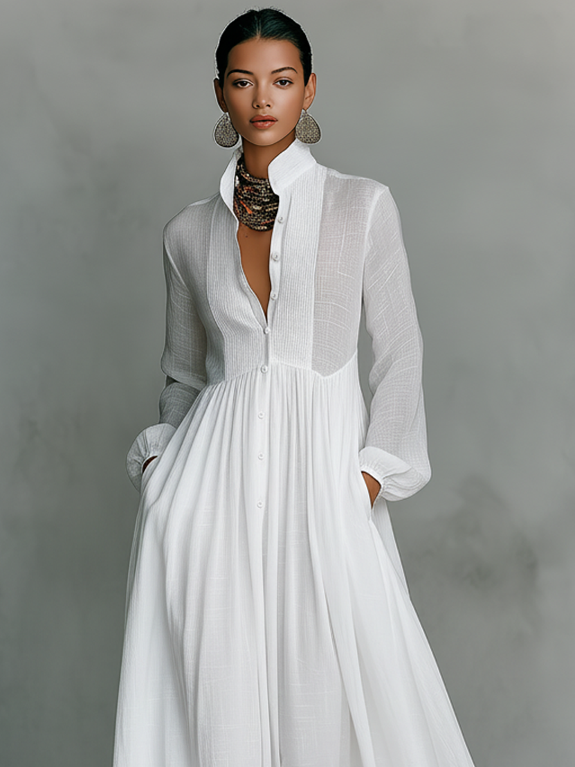 Robe longue en patchwork coton-lin, col montant et manches longues à boutonnage simple