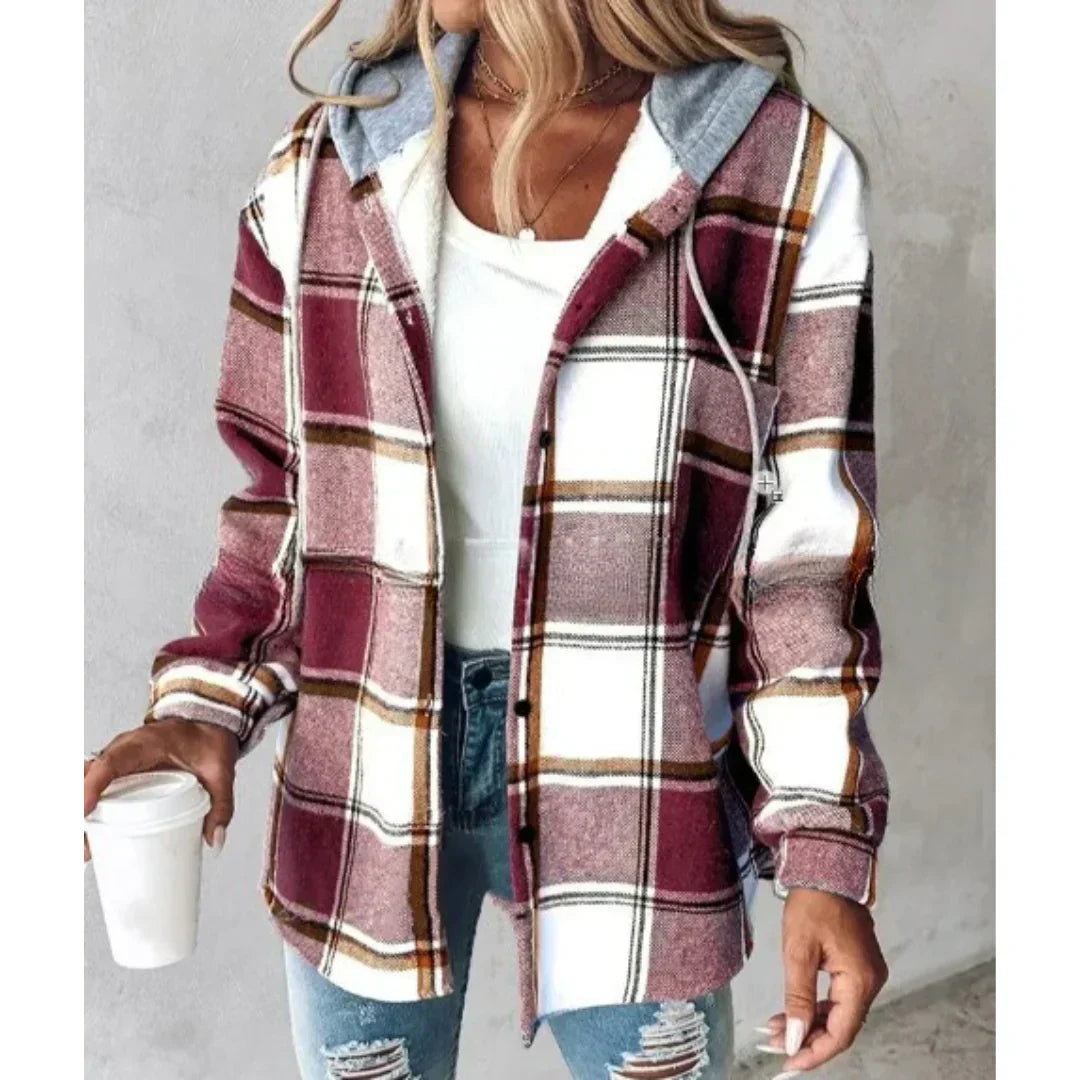 PAIGE™ - Veste à capuche boutonnée à carreaux chic, manches longues