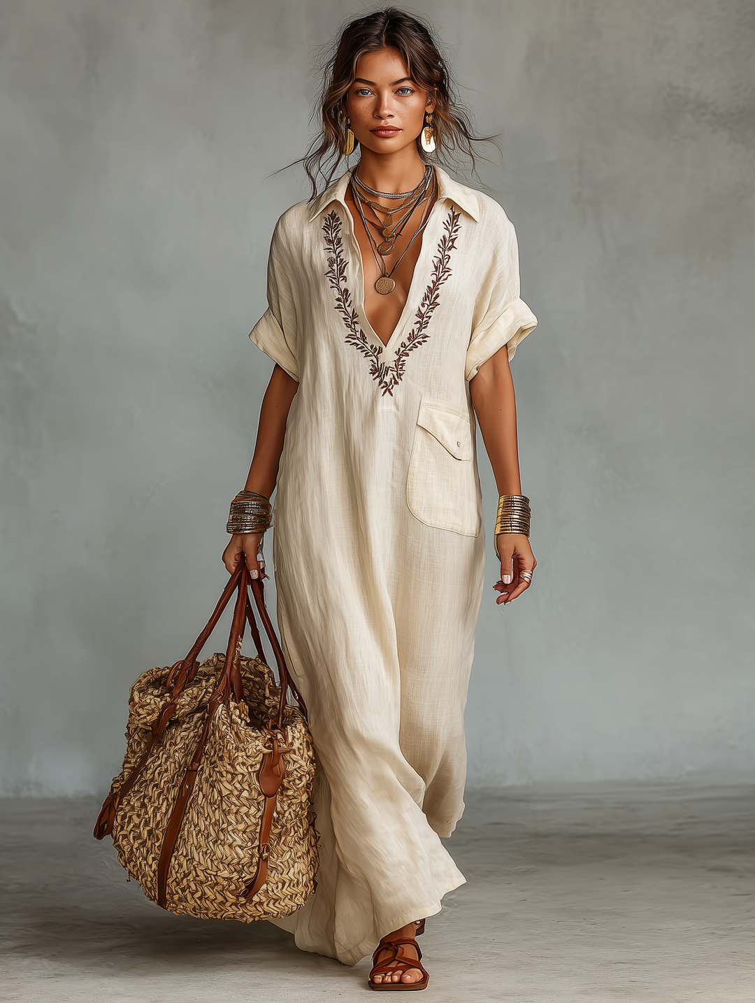 Linen-Blend Embroidered Short-Sleeve Shirt Maxi Dress